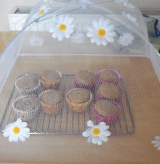 I like to use a food umbrella to protect the cakes from flies etc.  They come in a lot of very pretty designs.