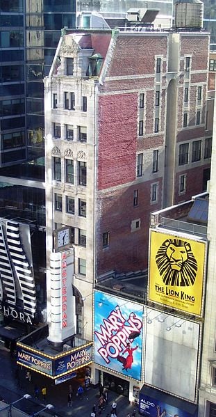 This photograph of the New Amsterdam Theatre was taken by Beyind My Ken on November 11, 2011 from the 9th floor of the New 42nd Street Building.The theater was built in 1902 to 1903.