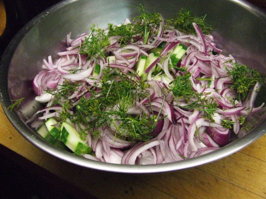 Sliced Red Onion, Cucumber and Shredded Fresh Dill.