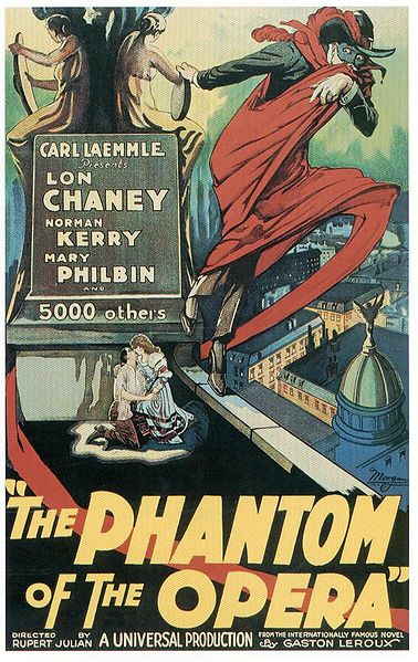Before The Phantom of the Opera was a Broadway show, it was a movie. This is a poster from the 1925 film version of Phantom. It is in the public domain in the United States because it was published between 1923 and 1977 without a copyright notice.