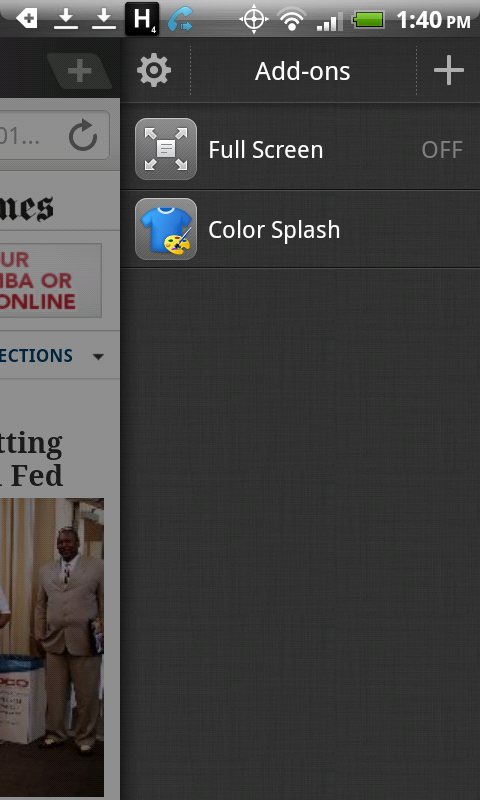 Swiping to the left on the Dolphin browswer will reveal this screen, where you can insert add-ons for increased functionality.