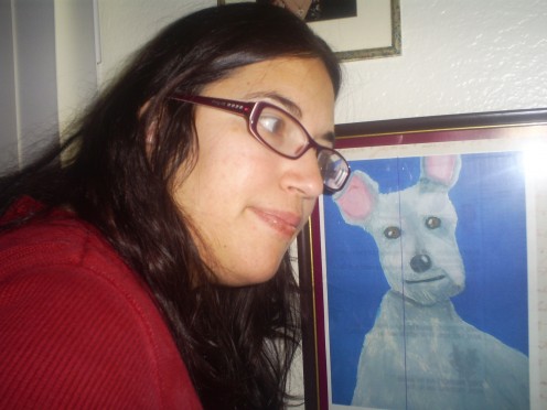 Here is a picture of me next to a print of her favorite Scotty dog drawing. Originally this was an iron on transfer for a t-shirt, but I accidentally printed it onto the wrong side.  Rather than waste a perfectly good iron on, I framed it instead.