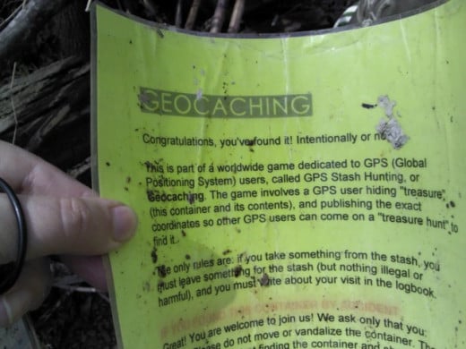 A laminated sheet that was in the geocache - to educate those that may stumble upon the find on accident.