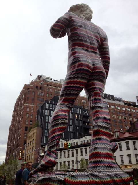 A replica of "David" wrapped in plastic Missoni knit, in the West Village (September 2012)