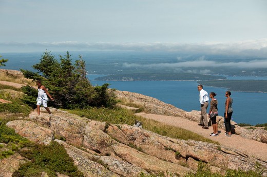 President Barack Obama and his family hike on Cadillac Mountain at Acadia National Park in Maine, July 16, 2010.