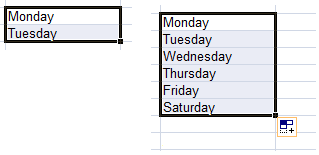Illustration of how to use lists in Excel 2007 to auto complete cells.