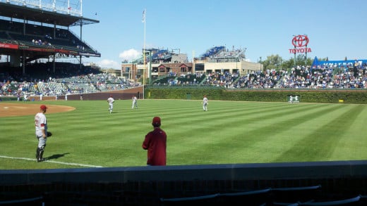 Players warming up at Wrigley Field