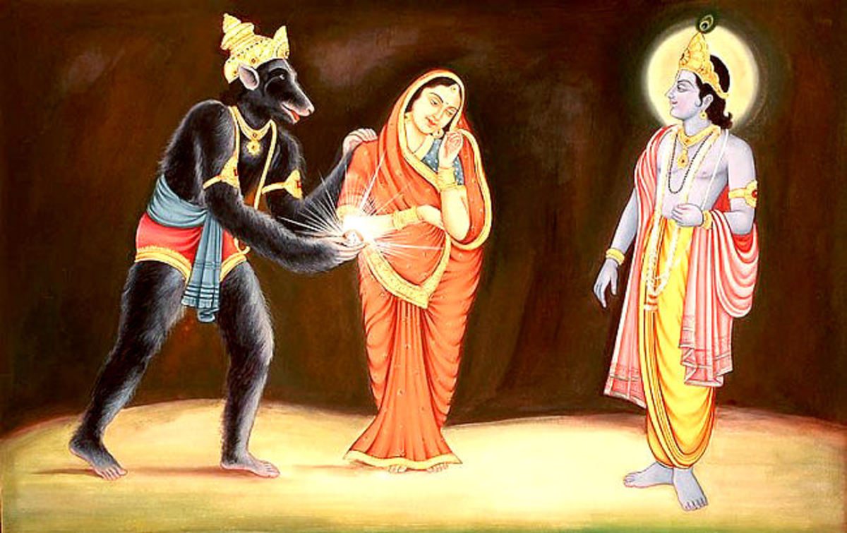 Jambavan le ofrece a su hija Jambavati al Señor Krishna.