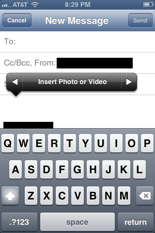 Tap the right-pointing arrow on the action menu to reveal an Insert Photo or Video option. Tap that option to open your device's Photos app.