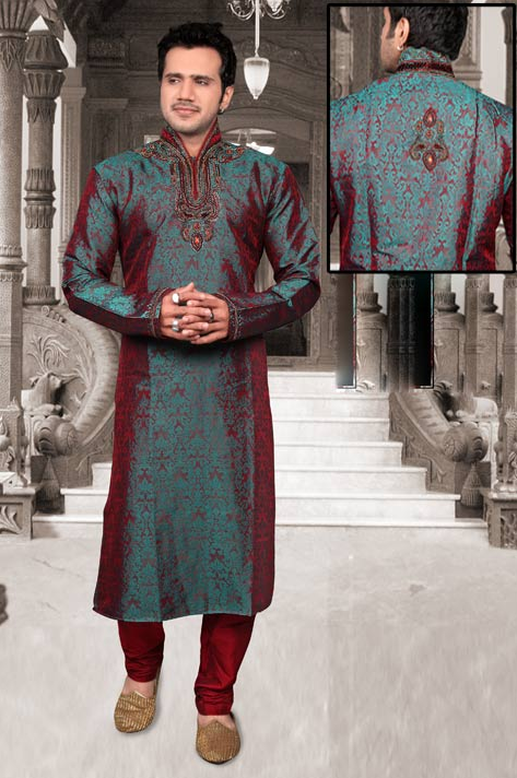 Turquoise and Maroon Banarasi Silk Readymade Kurta with Churidar