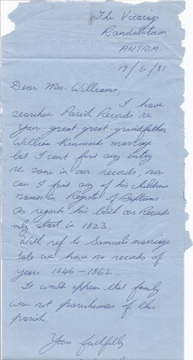 One reply of many replies to many letters we wrote in the 1980s for information on the parents of William Kinnaird of Killnock, County Antrim, Ireland. 