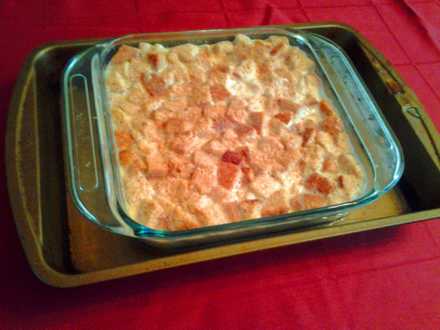 Pre-baked Bread Pudding pan cradled in a larger pan of water