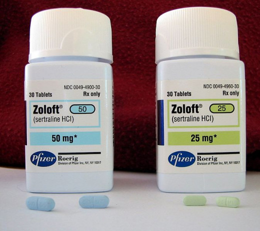 Two bottles of the antidepressant Zoloft (sertraline HCl), with 50mg and 25mg pills. Antidepressants or a non-stop multi-billion industry