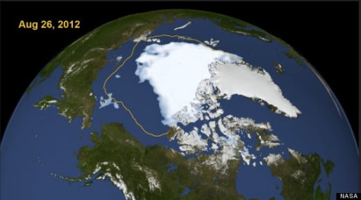 A map showing Arctic sea ice on August 26 2012, the line on the image shows the average minimum ice cover from 1979-2010, as measured by satellites 