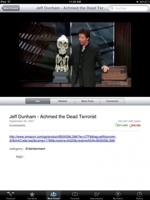 A video on the upper half of the native YouTube iPad app preinstalled on devices running iOS 5 and earlier.