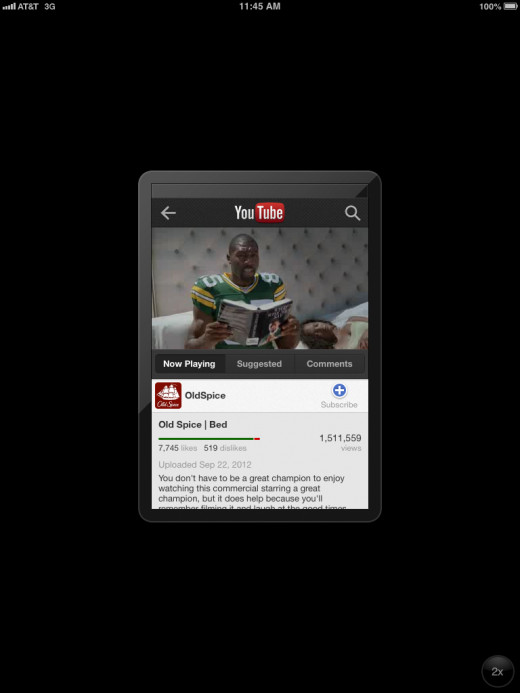 The native YouTube iPhone app as it appears in portrait orientation on the iPad.