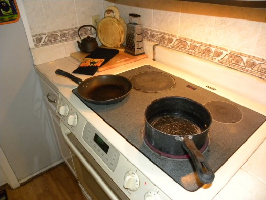 Pot of boiling water about 5 cups and heated skillet