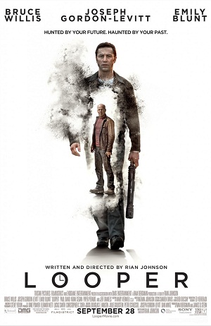 Movie poster for Looper, featuring Joseph Gordon-Levitt and Bruce Willis as Joe.