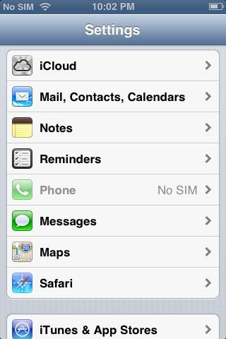 Tap "Settings" and then scroll down to Phone. The message "No SIM" is displayed.