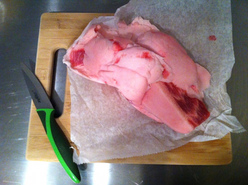 approx. 1 1/3 lbs. raw pork fat from the butcher at Whole Foods Market. 