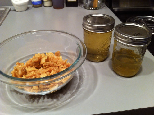 The lard will be golden brown as a liquid. This recipe yielded 1 and 1/3 cups of lard and a nice pile of cracklings!