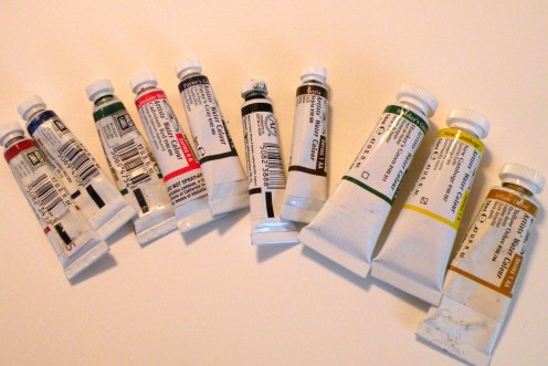 Start with eight to ten basic watercolors. I like Windsor Newton tubes, professional grade.