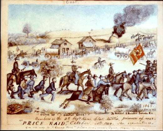 Samuel Reader of the Kansas State Militia was captured near Westport on Sept. 22, 1864. He painted this picture of Union prisoners being hurried south by the fleeing Confederates.
