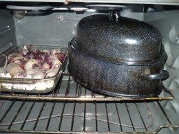 Always roast your vegetables beside your turkey to save on energy. These are roasted beets and roasted garlic cloves.