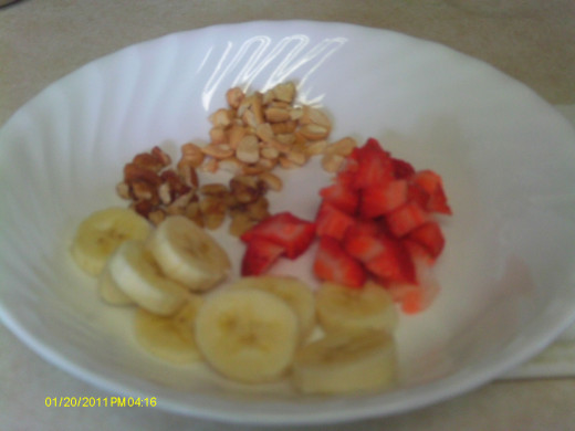 Chop fruit and nuts.  Dried fruit can also be used.