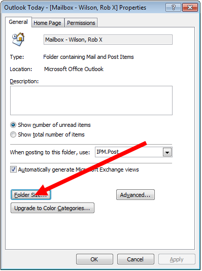 Step 2 of 2 in determining the size of your mailbox in Outlook 2007.