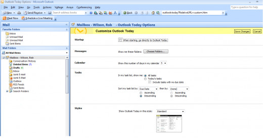 Outlook Today's default settings in Outlook 2007.