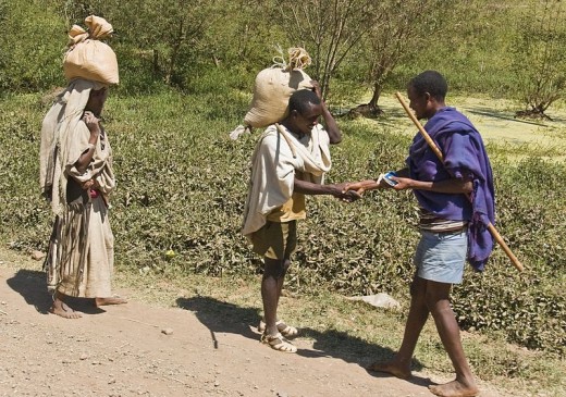 A. Davey took this photograph of two men greeting each other on October 26, 2007 along the route from the falls of the Blue Nile to the city of Bahir Dar in northwestern Ethiopia.