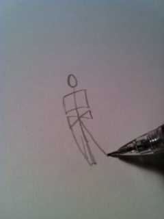 4) Next, draw some lines down from the bow tie shape to make his legs.