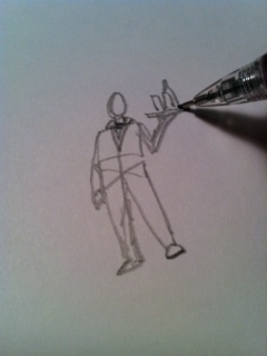 7) Now add a tray by drawing a horizontal line above his hand. Add a few rectangles for glasses on the tray.