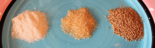From left to right you see Florida Crystals Natural Sugar, Sugar in the Raw Turbinado Sugar, and Sucanat.  The darker the sugar, the stronger of a molasses taste it has.