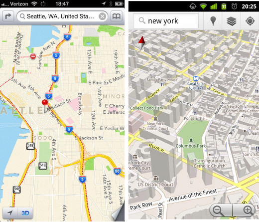 Screenshots of Apple's Maps app (on the left) and Google Maps 5.0 for Android.