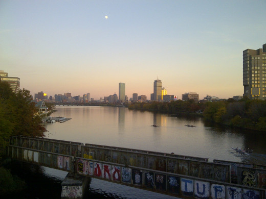  Boston's skyline from bike path, crossing the Charles River to Cambridge
