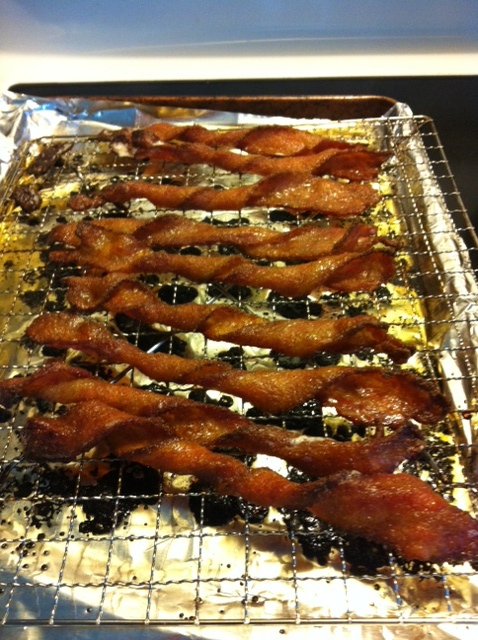 Carefully remove from oven.  Don't spill bacon fat.