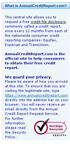 Shot of AnnualCreditReport VeriSign and their brief explanation of who they are.