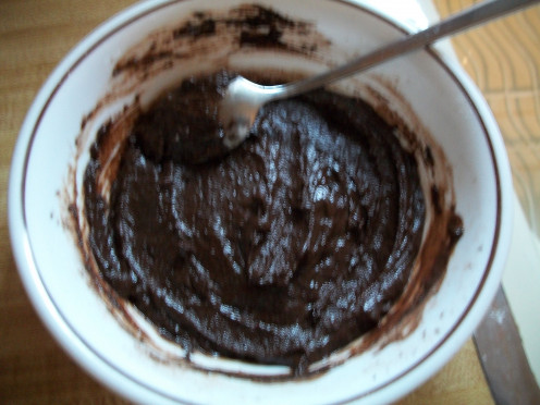 Mixing it  up. This picture is actually for cake-like brownies (as opposed to fudgy), which is done by simply adding 1 extra TBSP of water and cooking a few seconds longer.