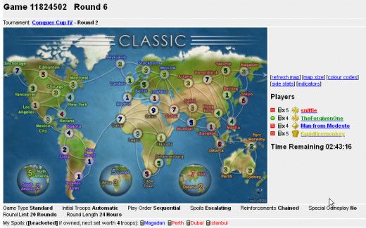 Conquer Cup IV game. I've included the basic information on a game screen: game number, round number, players, and, at the bottom, the cards I have. 