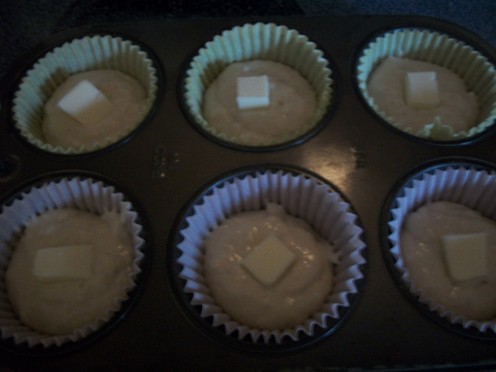 Biscuit mix with butter on each.