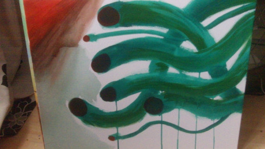 Painting Yellow acrylic over the Serpents make the greens more vibrant.