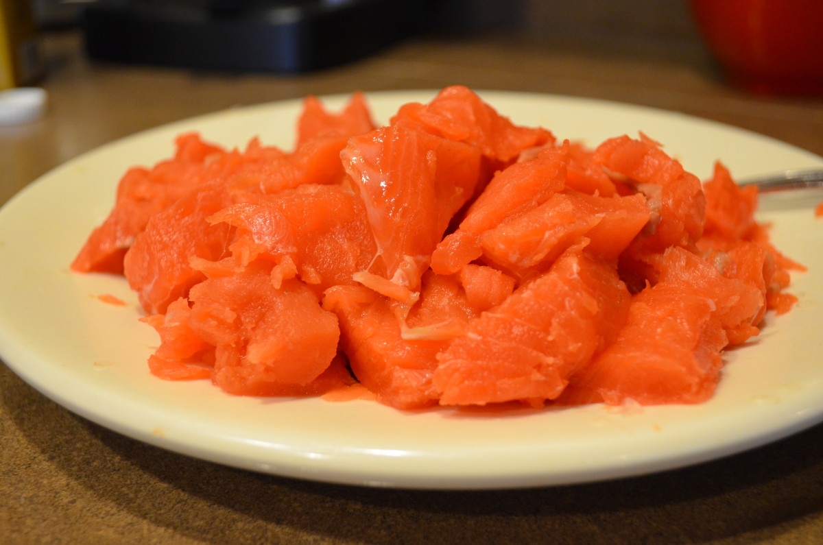 Chunked fresh salmon fillet after removing skin.