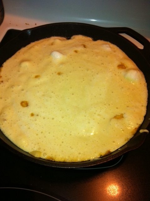 Pour over apples, and continue to cook a few minutes, then transfer to oven.