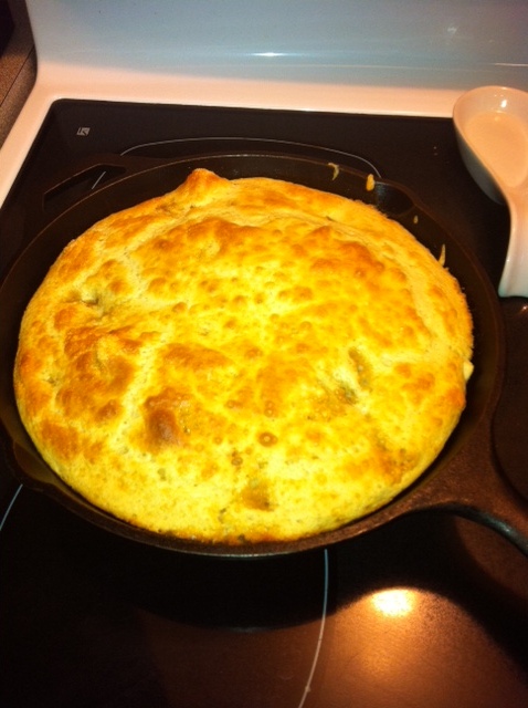 Golden on top, tooth pick comes out clean.  It is ready.  Let it sit a couple of minutes, then cut in wedges.