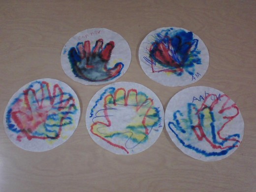 Kindergarten hands, primary colors 