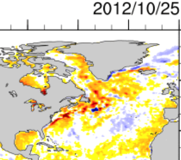 East coast sea surface temperatures compared to normal; October 25, 2012.  Image courtesy ESRL, crop by author.