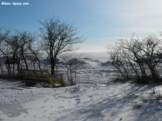 View of the lake shore in winter.