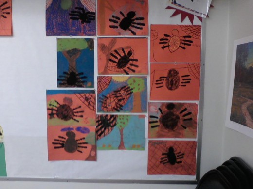 4th grade spiders made with chalk pastels and tempera paint